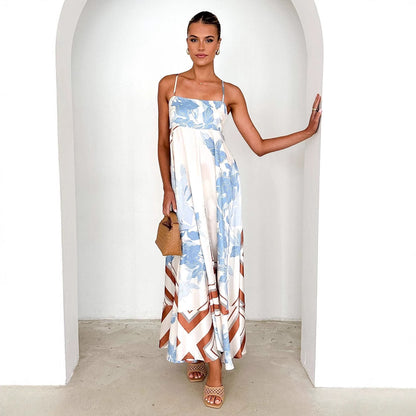 Summer Printed Backless Sexy Suspenders Large Swing High Waist Dress Women