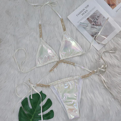 Crystal Diamond Bikini Sexy Bronzing Strap Women Split Swimsuit Swimsuit White