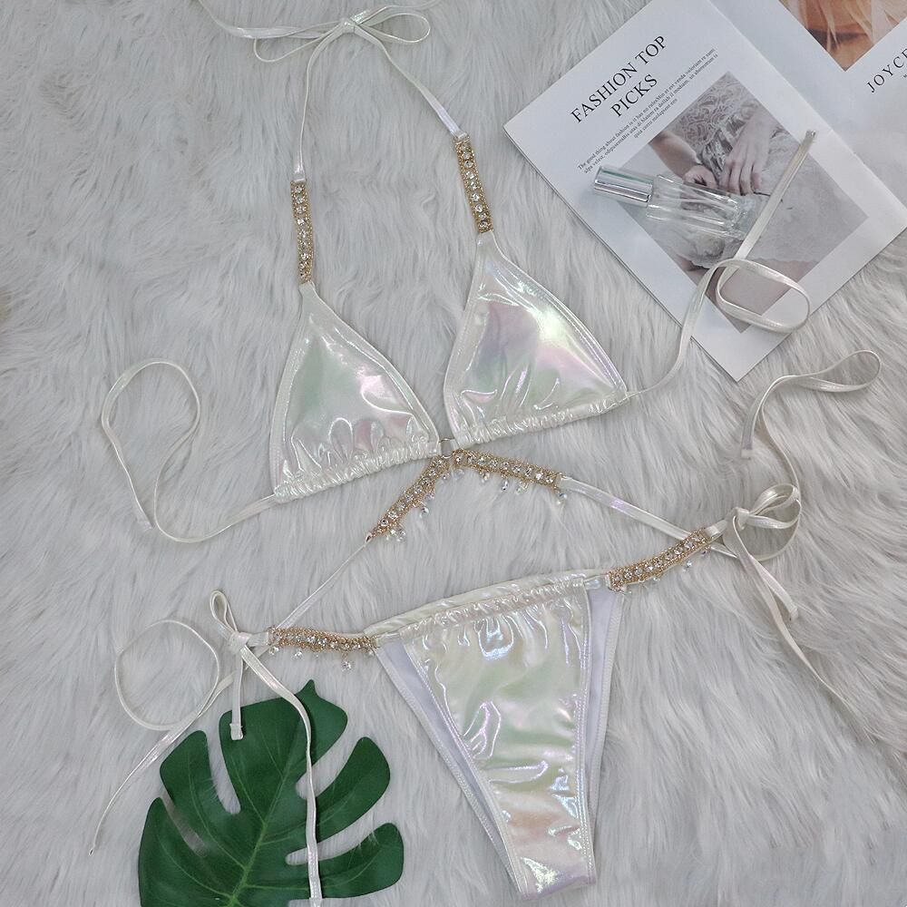 Crystal Diamond Bikini Sexy Bronzing Strap Women Split Swimsuit Swimsuit White