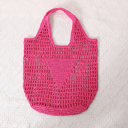 Large Capacity Hollow Out Cutout Straw Bag Fresh Candy Color One Shoulder Tote Woven Bag Portable Women Beach Bag One Size Rose Red
