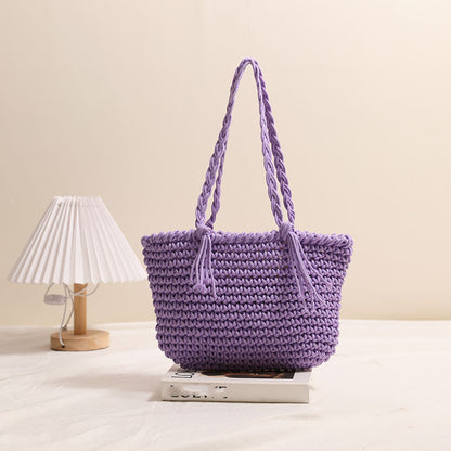 Tassel Shoulder Cotton Thread Woven Bag Solid Color Straw Bag Vacation Beach Bag Casual Women Bag One Size Bean Bag Tassel Purple