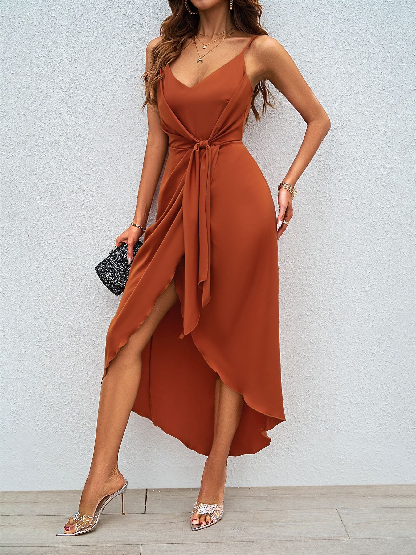 Sexy V Neck Backless Slit Loose Solid Color Sling Dress Women Brown