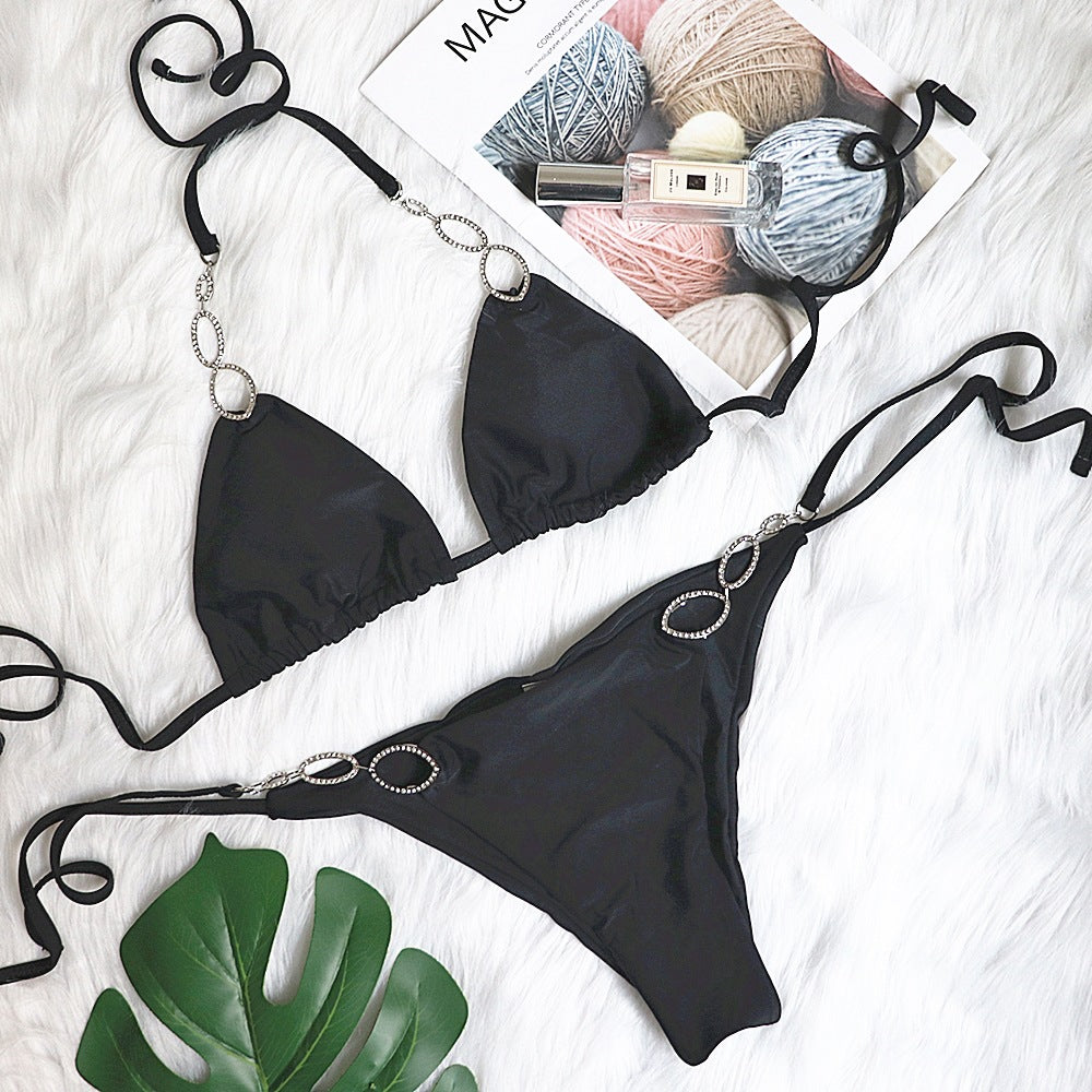 Bikini Sexy Metal Accessories Rhinestone Women Split Swimsuit Plain Bandage Swimsuit Black