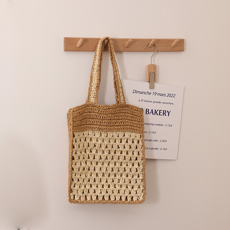 Color Matching Hollow Out Cutout out Crochet Shoulder Straw Bag Special Interest Design Hand Woven Bag Seaside Vacation Beach Bag One Size Color Matching Hollow out Crochet Coffee Rice