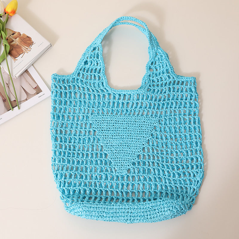 Large Capacity Hollow Out Cutout Straw Bag Fresh Candy Color One Shoulder Tote Woven Bag Portable Women Beach Bag One Size Blue