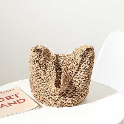 Hand Woven Bag Woven Bag Straw Bag Woven Bag Bucket Bag Seaside Vacation Beach Bag One Size Solid Color Bucket Brown
