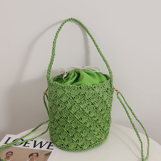 Special Interest Design Bucket Straw Bag Crossbody Woven Tote Women Seaside Vacation Beach Bag One Size Crossbody Small Claw Bucket Green