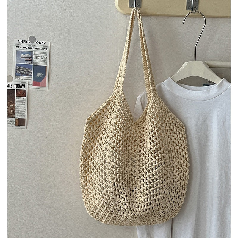 Casual Large Capacity Cotton Thread Woven Bag Hollow Out Cutout Straw Bag Idle Shoulder Bag Vacation Beach Bag Women Bag One Size Hollow Carambola with Inner Bag M