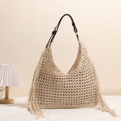 Tassel Shoulder Straw Bag Hollow Out Cutout Woven Bag Seaside Vacation Beach Bag Large Capacity Straw Bag One Size Belt Hollow Tassel M