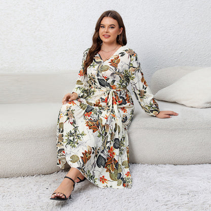 Plus Size Spring Dress Printed V neck Long Sleeve Floral Dress Loose Swing Dress