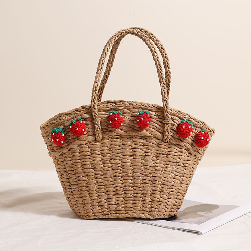 Cute Strawberry Portable Vegetable Basket Bag Hand Carrying Large Capacity Straw Bag Vacation Beach Bag Hand Woven Bag One Size Strawberry Shell Coffee
