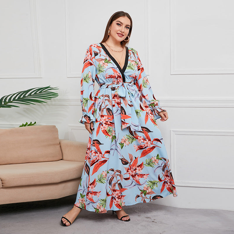 Plus Size Spring Autumn Waist-Controlled Large Hem Maxi Dress V-neck Plant Floral Print Maxi Dress