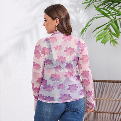 Clothes Long Sleeve T shirt Half Turtleneck Ice Silk Casual Print Top Women