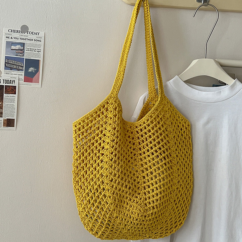 Casual Large Capacity Cotton Thread Woven Bag Hollow Out Cutout Straw Bag Idle Shoulder Bag Vacation Beach Bag Women Bag One Size Hollow Carambola with Inner Bag Yellow