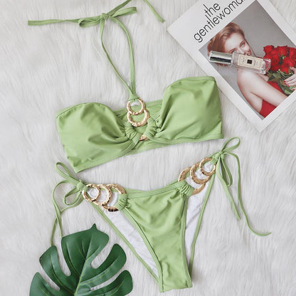New Sexy Swimsuit Metal Accessories Hollow Out Cutout Bikini Solid Color Tube-Top Strap Women Swimsuit Green