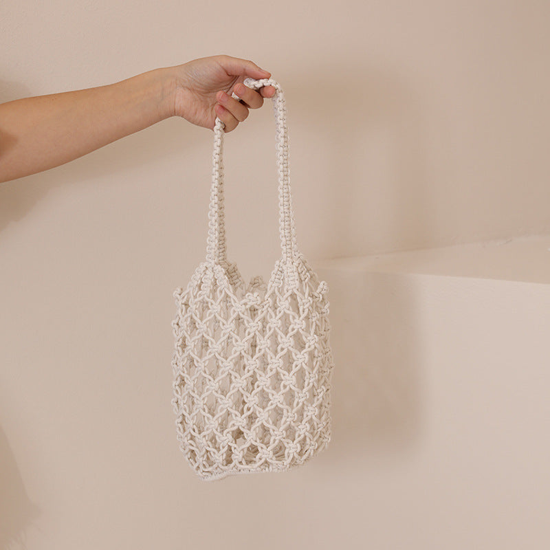 Hollow Out Cutout Cotton Thread Woven Bag Shoulder Handmade Straw Bag Fishing Net Bag Seaside Vacation Beach Bag Women Bag One Size White