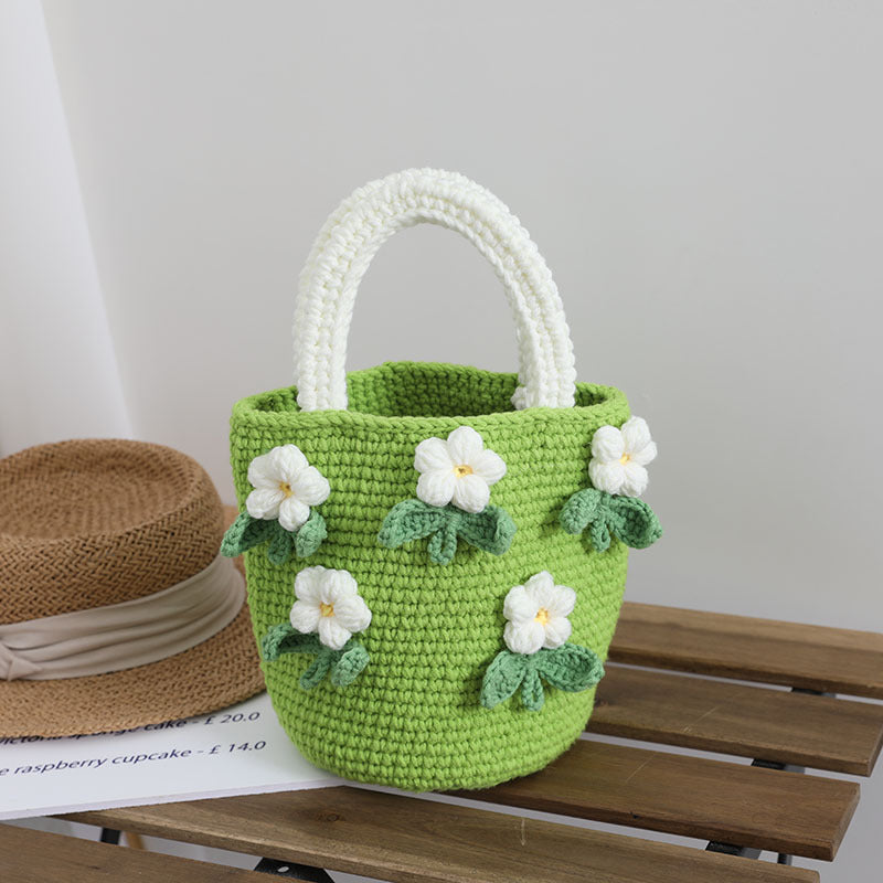 Camellia Wool Handbag Homemade Women Bag Floral Hand Woven Bag Hand Holding Bucket Bag One Size Camellia Green Finished Product