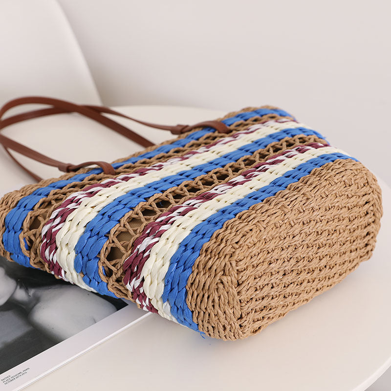 Hollow Out Cutout Straw Bag Vintage Stripe Portable Straw Bag Woven Bag Seaside Vacation Beach Bag Shoulder Bag