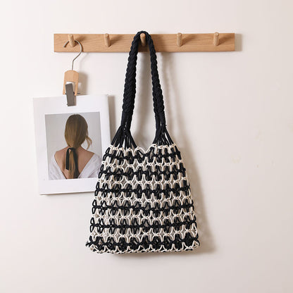 Summer Straw Woven Bag With Lace Up Pattern Suitable For Women Beach Vacation Beach Bag One Size Color Matching Twist Black inside