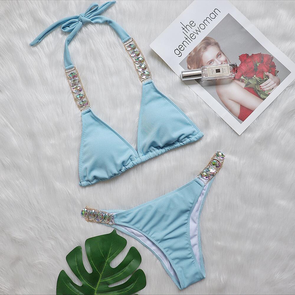 Bikini Plain Women Split Strap Luxury Diamond Swimsuit Sexy Metal Chain Accessories Swimwear Skyblue