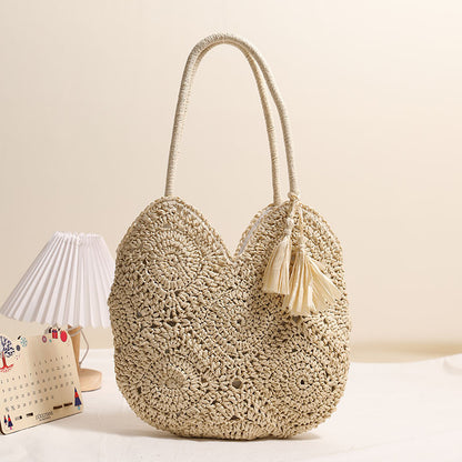 Hollow Out Cutout Tassel Straw Bag Large Capacity Shoulder Woven Bag Vacation Beach Bag Women Bag One Size Grandmother Plaid Tassel