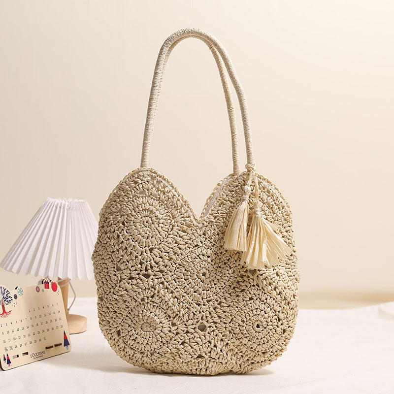 Hollow Out Cutout Tassel Straw Bag Large Capacity Shoulder Woven Bag Vacation Beach Bag Women Bag One Size Grandmother Plaid Tassel