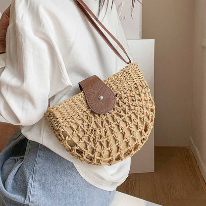 Fresh Hollow Out Cutout Semicircle Straw Bag Shoulder Crossbody Casual Straw Bag Woven Bag Vacation Beach Bag