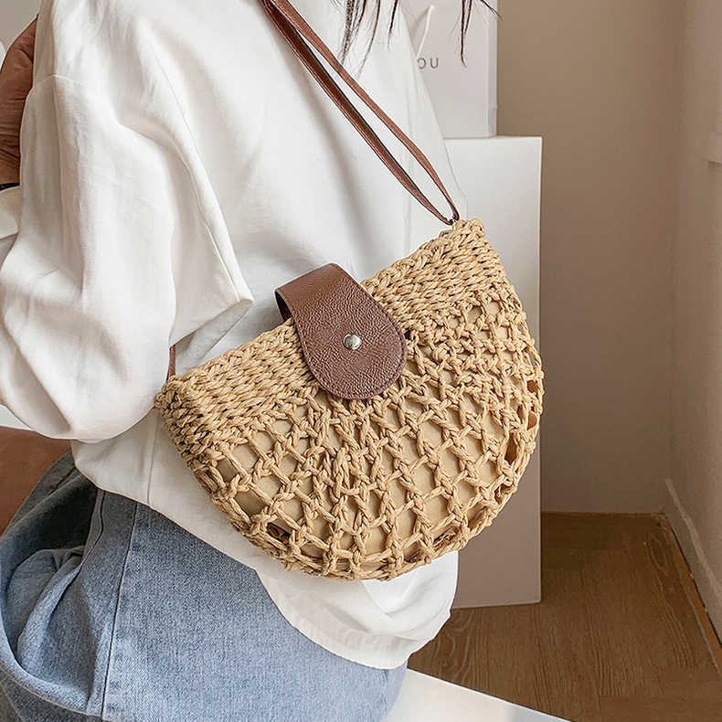 Fresh Hollow Out Cutout Semicircle Straw Bag Shoulder Crossbody Casual Straw Bag Woven Bag Vacation Beach Bag