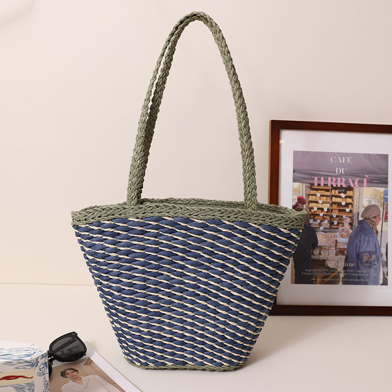 Special Interest Design Contrast Color One Shoulder Straw Bag Simple Twill Woven Tote Women Seaside Vacation Beach Bag One Size Sea and Sky