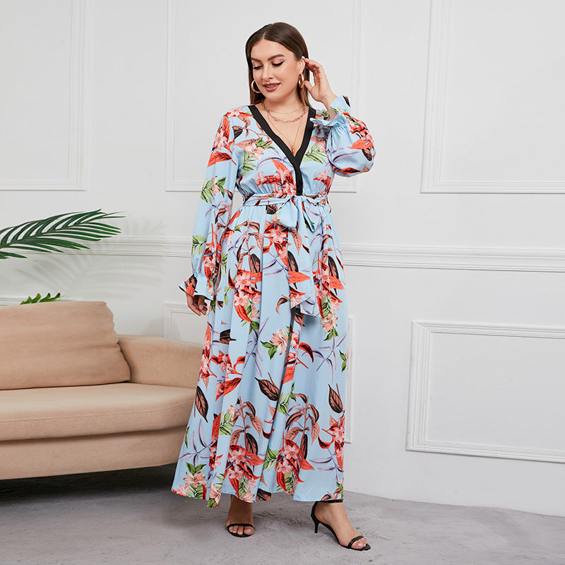 Plus Size Spring Autumn Waist-Controlled Large Hem Maxi Dress V-neck Plant Floral Print Maxi Dress