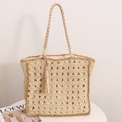 Square Tassel Shoulder Straw Bag Fresh Hollow Out Cutout Handmade Straw Bag Woven Bag Women Seaside Vacation Beach Bag One Size Multi2