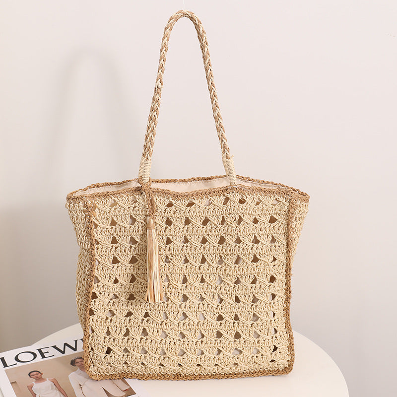 Square Tassel Shoulder Straw Bag Fresh Hollow Out Cutout Handmade Straw Bag Woven Bag Women Seaside Vacation Beach Bag One Size Multi2