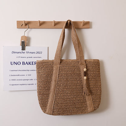 Women Solid Color Woven Bag Large Capacity Shoulder Straw Bag Vacation Beach Bag Women Bag One Size Coffee