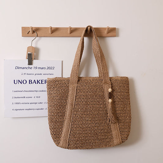 Women Solid Color Woven Bag Large Capacity Shoulder Straw Bag Vacation Beach Bag Women Bag One Size Coffee