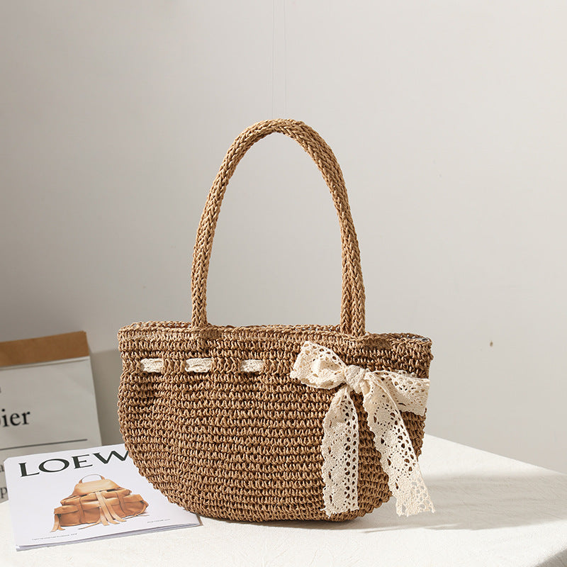 Bow Woven Bag Shoulder Hand Woven Straw Bag Seaside Vacation Beach Bag Women Bag
