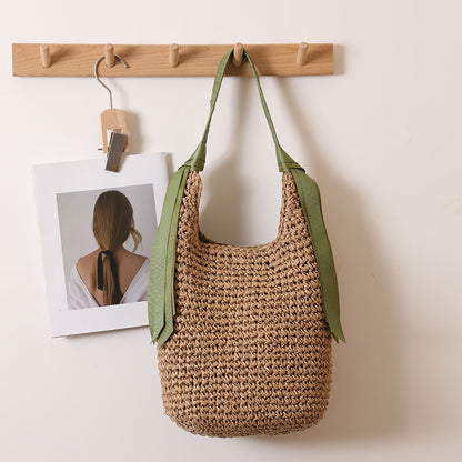 Ribbon Shoulder Straw Bag Large Capacity Solid Color Woven Bag Seaside Vacation Beach Bag Straw Bag One Size Ribbon Crochet Green