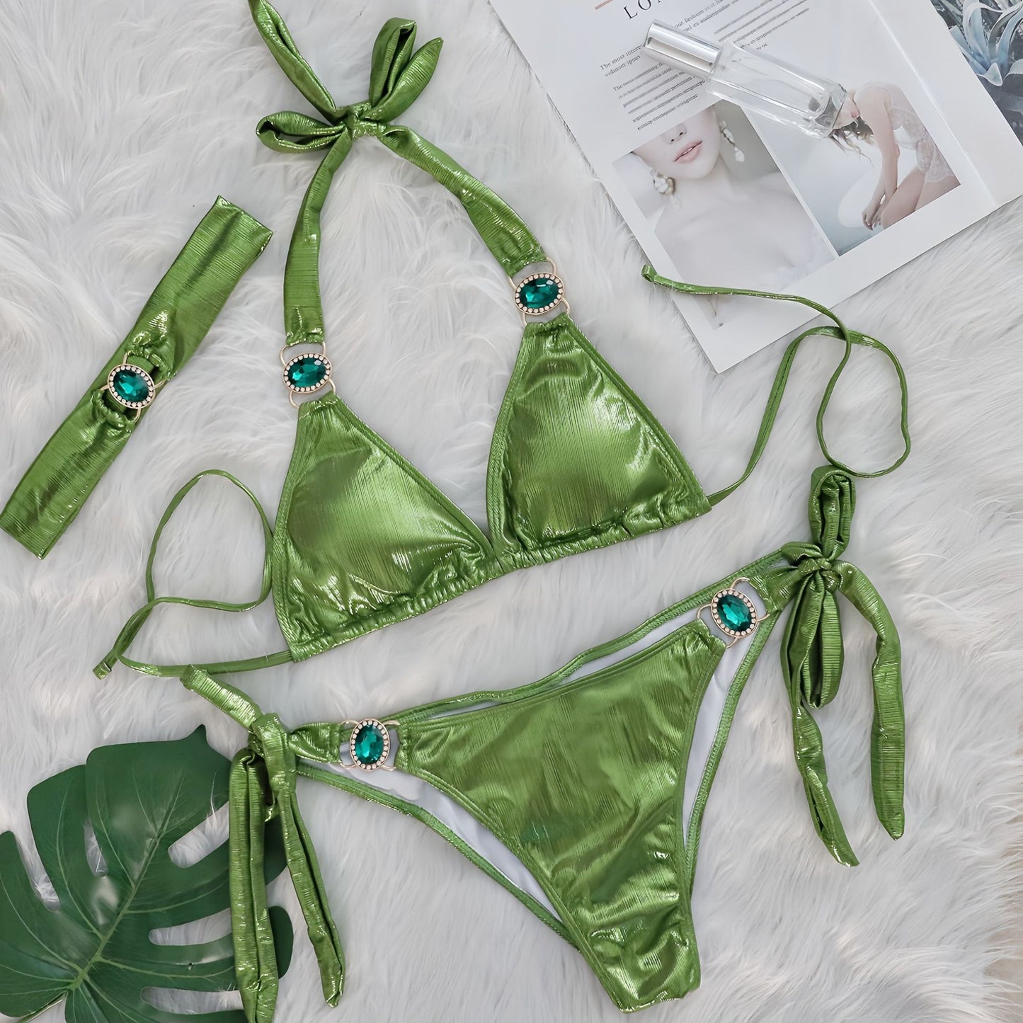 Sexy Bikini Crystal Diamond Three Piece Split Swimsuit Beach Shiny Women Swimsuit Green