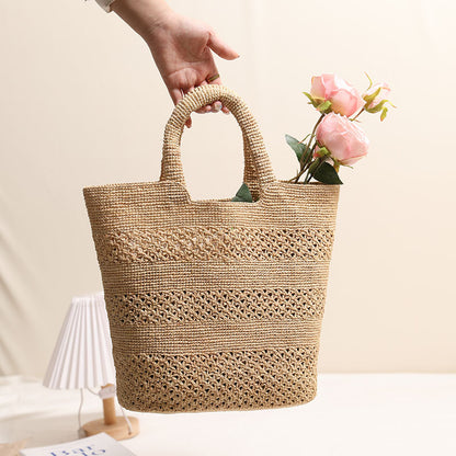 Raffia Portable Straw Weaved Bag Hand Carrying Large Capacity Hollow Out Cutout Woven Bag Seaside Vacation Beach Bag