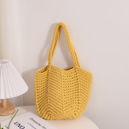South Korea Vintage Shoulder Cotton Thread Woven Bag Crochet Handbag Straw Bag Vacation Beach Bag One Size Cotton Thread Carambola Yellow Belt Magnetic Snap
