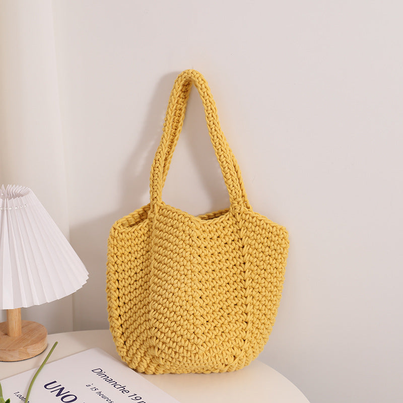 South Korea Vintage Shoulder Cotton Thread Woven Bag Crochet Handbag Straw Bag Vacation Beach Bag One Size Cotton Thread Carambola Yellow Belt Magnetic Snap