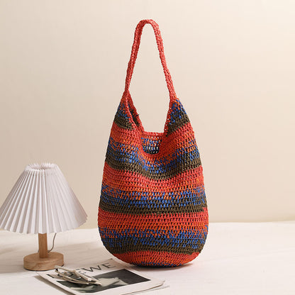 Color Shoulder Straw Bag Casual Large Capacity Woven Bag Seaside Vacation Beach Bag All Matching Straw Bag One Size Orange Color Big Handle