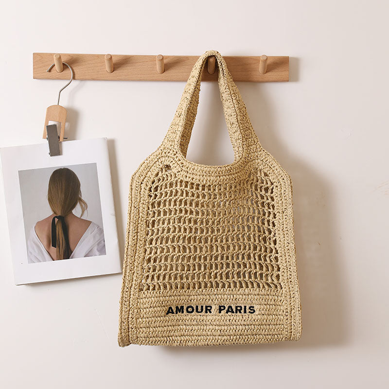 Summer Straw Woven Bag With Lace Up Pattern Suitable For Women Beach Vacation Beach Bag One Size Khaki