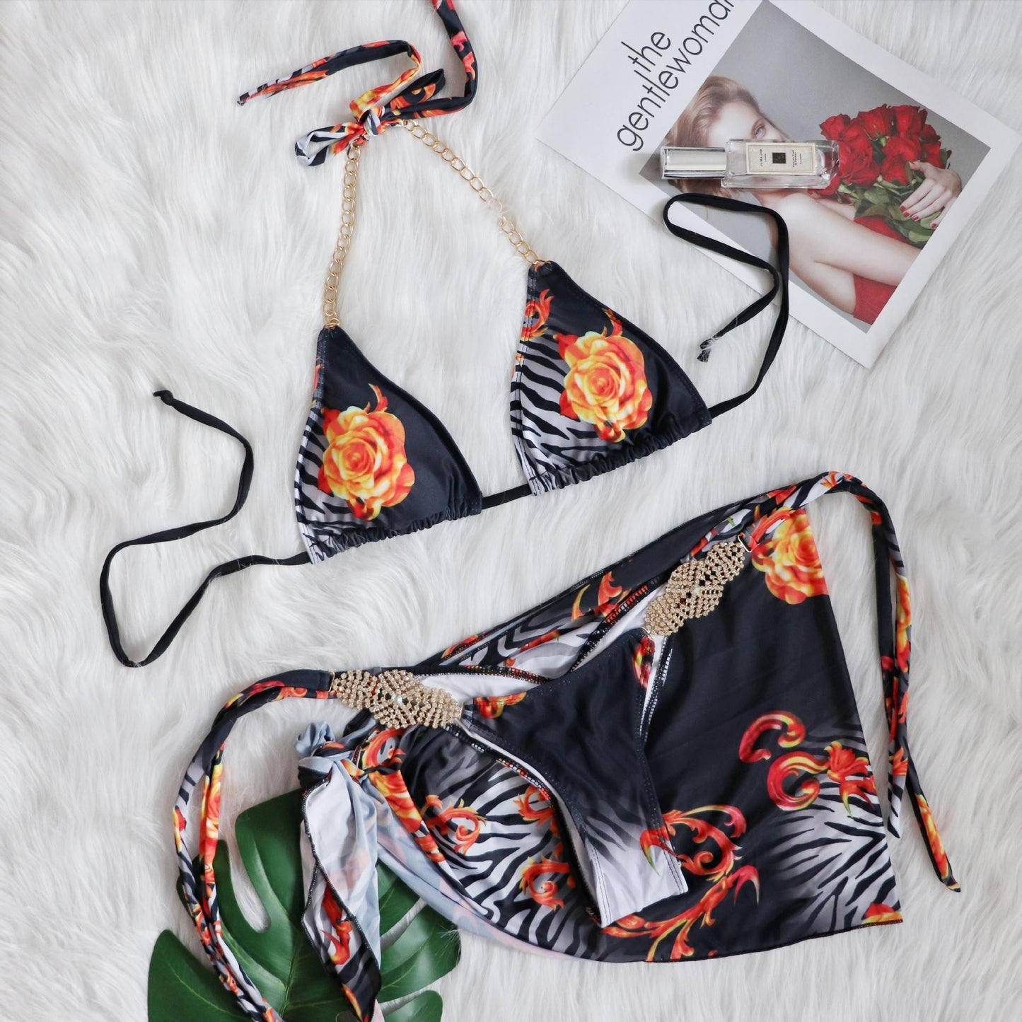 Sexy Tied Swimsuit Vacation Swimsuit Luxury Rhinestone Bikini Three-Piece Set Three-Piece Suit