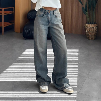 Ladies Retro Micro Elastic Heavy Industry Wash Straight Wide Leg Loose Denim Trousers