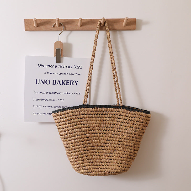 Black Edge Straw Bag Contrast Color Portable Straw Bag Woven Bag Seaside Vacation Beach Bag Women Bag One Size Black Edge Coffee