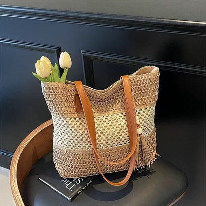 One Shoulder Hollow Out Cutout out Straw Bag Tassel Woven Bag Vacation Beach Bag Contrast Color Straw Bag One Size Belt Double Tassel Coffee
