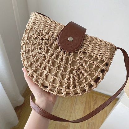 Fresh Hollow Out Cutout Semicircle Straw Bag Shoulder Crossbody Casual Straw Bag Woven Bag Vacation Beach Bag One Size Brown