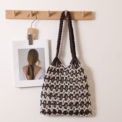 Summer Straw Woven Bag With Lace Up Pattern Suitable For Women Beach Vacation Beach Bag One Size Color Matching Twist Coffee inside