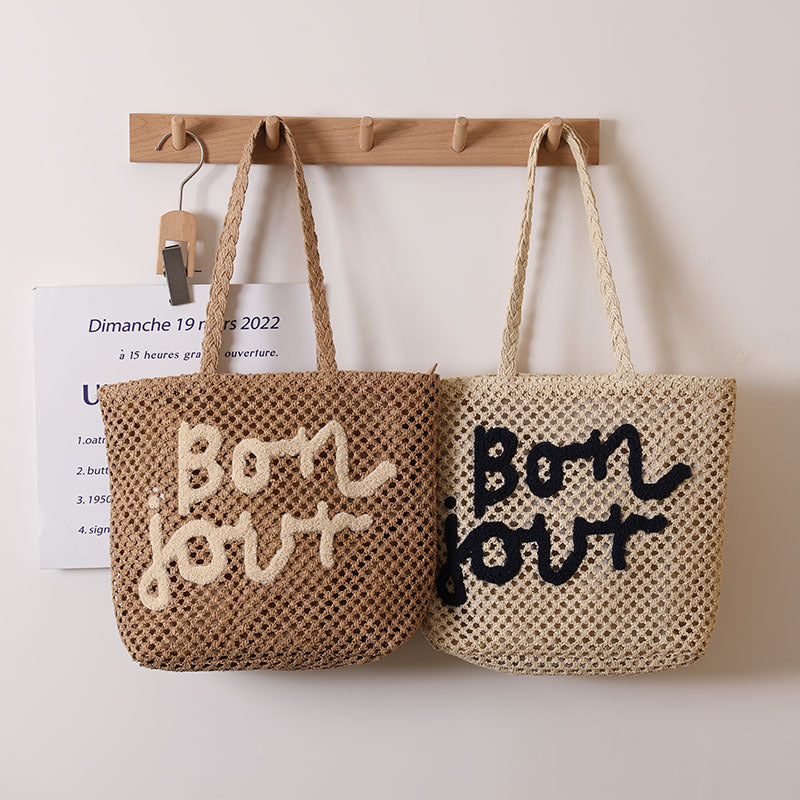 Letter Graphic Embroidery Woven Bag All Match Shoulder Hollow Out Cutout Straw Bag Vacation Beach Bag Women Bag
