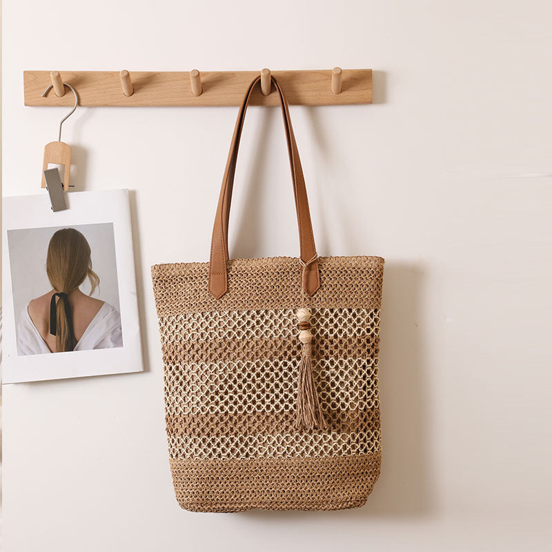 Tassel Shoulder Straw Bag Striped Hollow Out Cutout Straw Bag Woven Bag Vacation Beach Bag One Size Triangle Belt Tassel Coffee